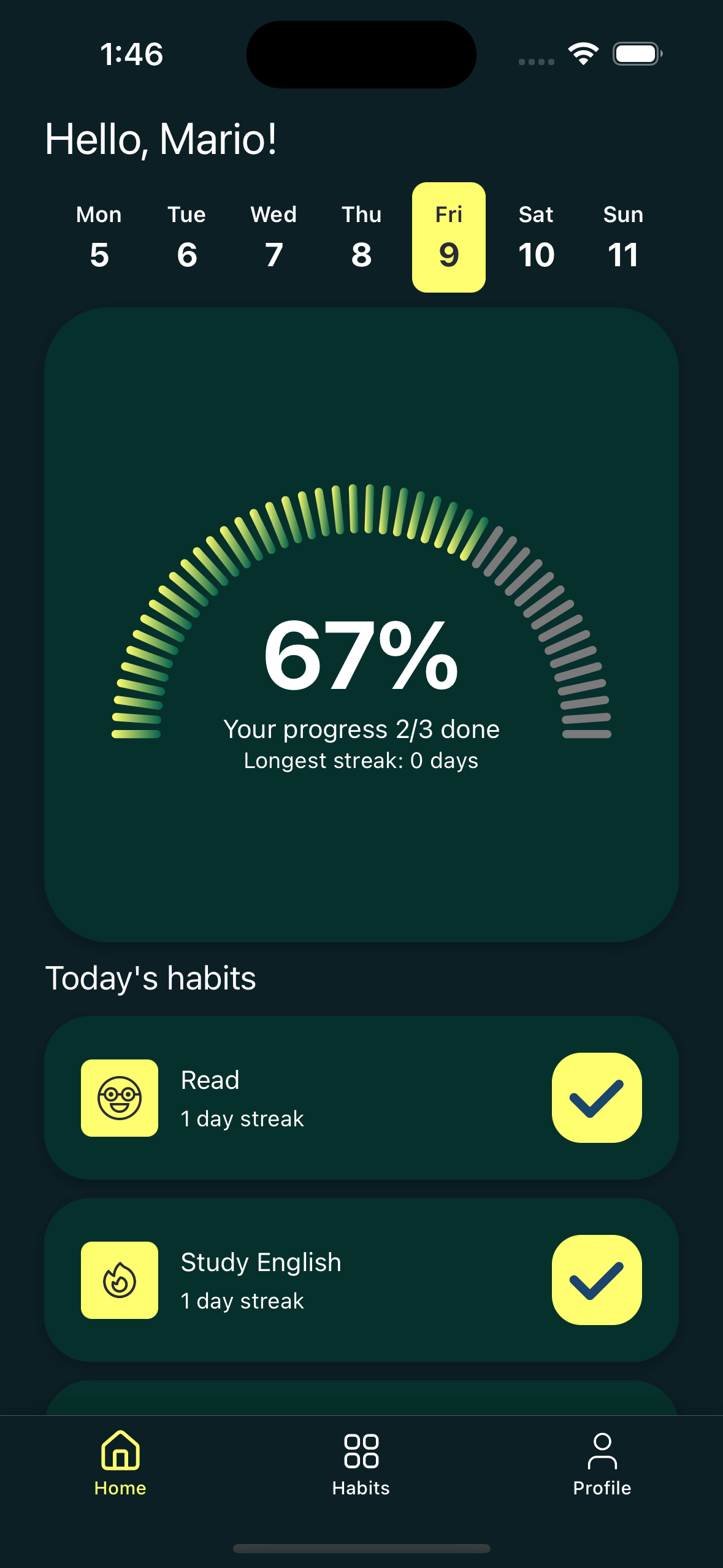 TrakBit app interface showing habit tracking dashboard with daily habits list and progress visualization