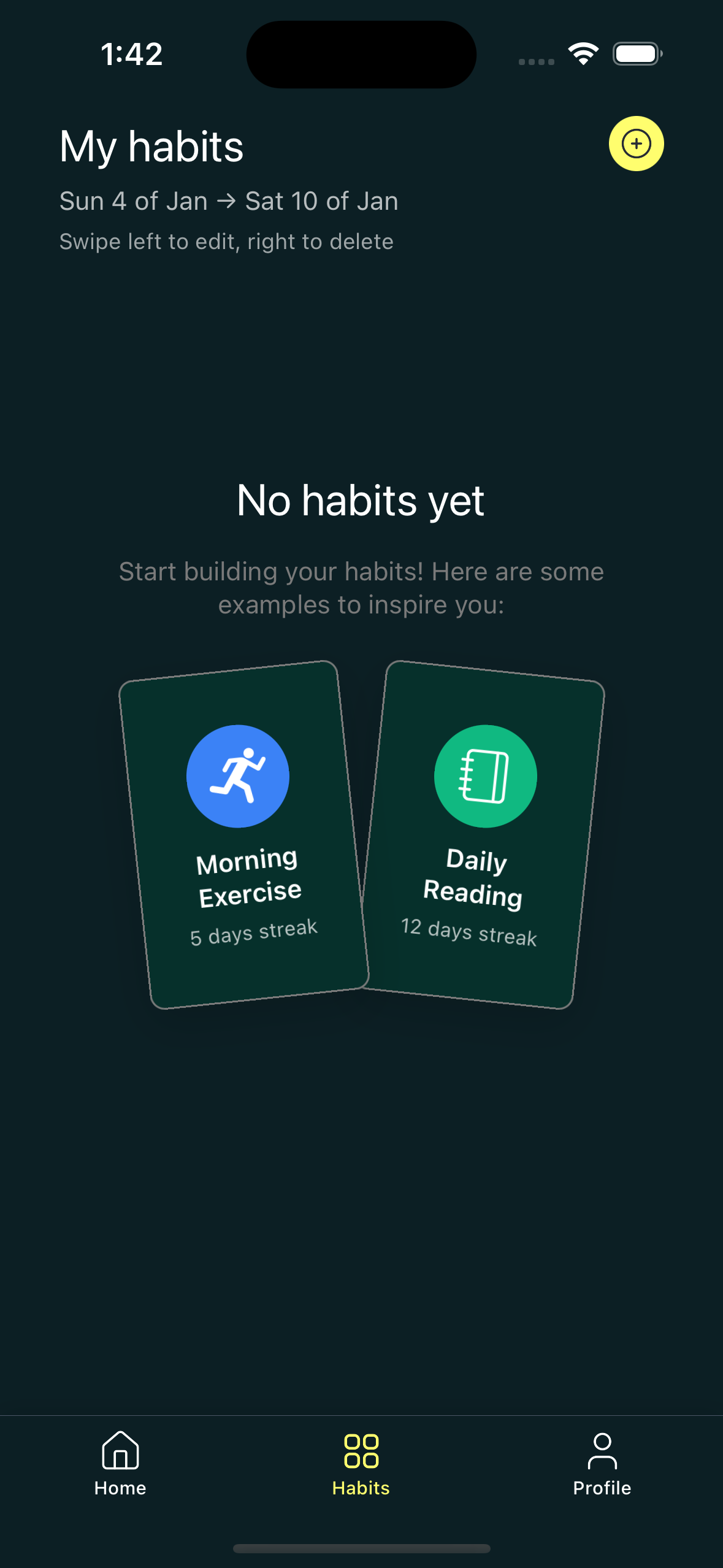 TrakBit empty state screen encouraging users to start tracking their first habit and begin their personal development journey